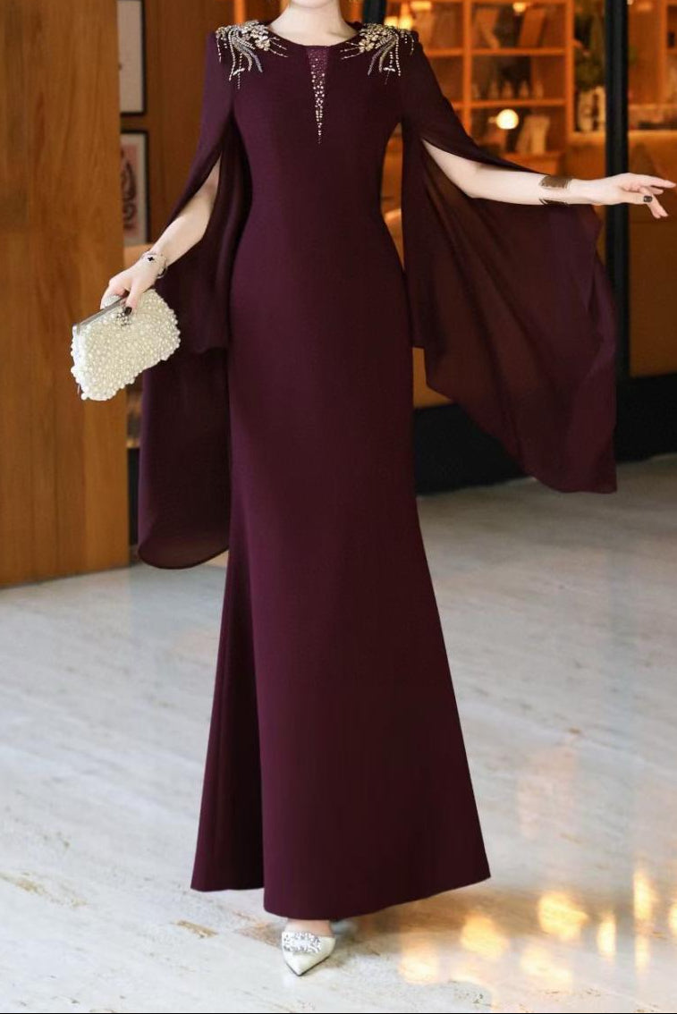 cape-sleeve mermaid dress with embellished shoulders – ROSABELLE