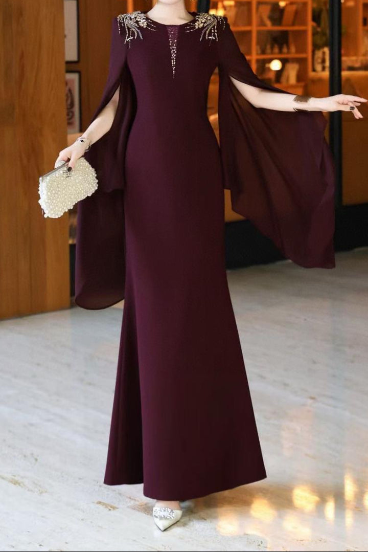 cape-sleeve mermaid dress with embellished shoulders – ROSABELLE