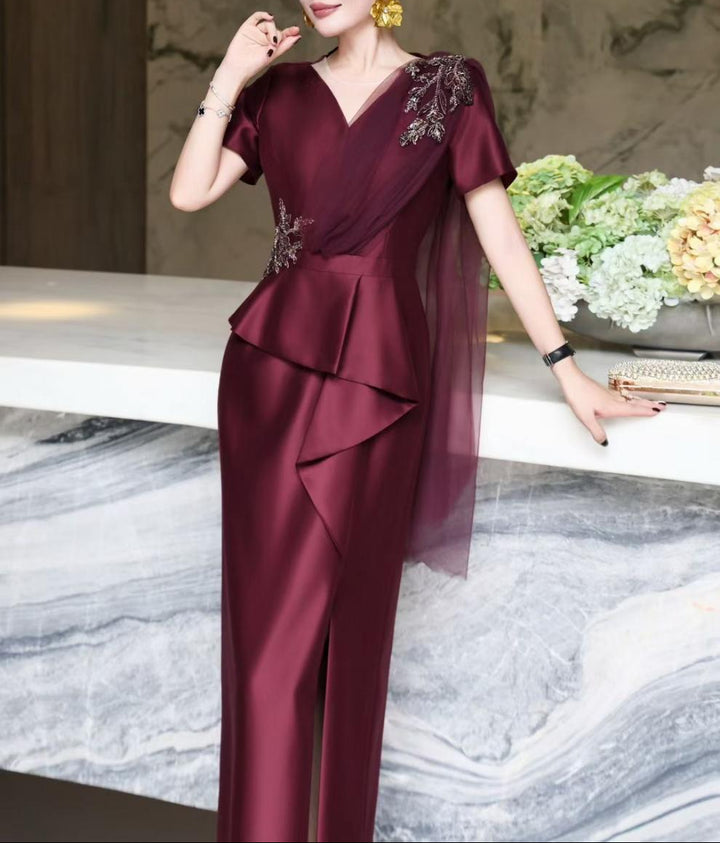 v-neck satin gown with embellished floral drape – NAVIA