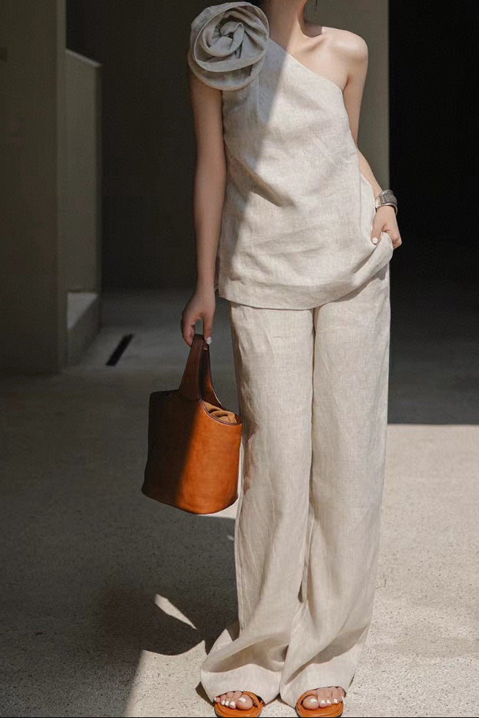 one-shoulder draped top with wide-leg linen trousers – IVORY