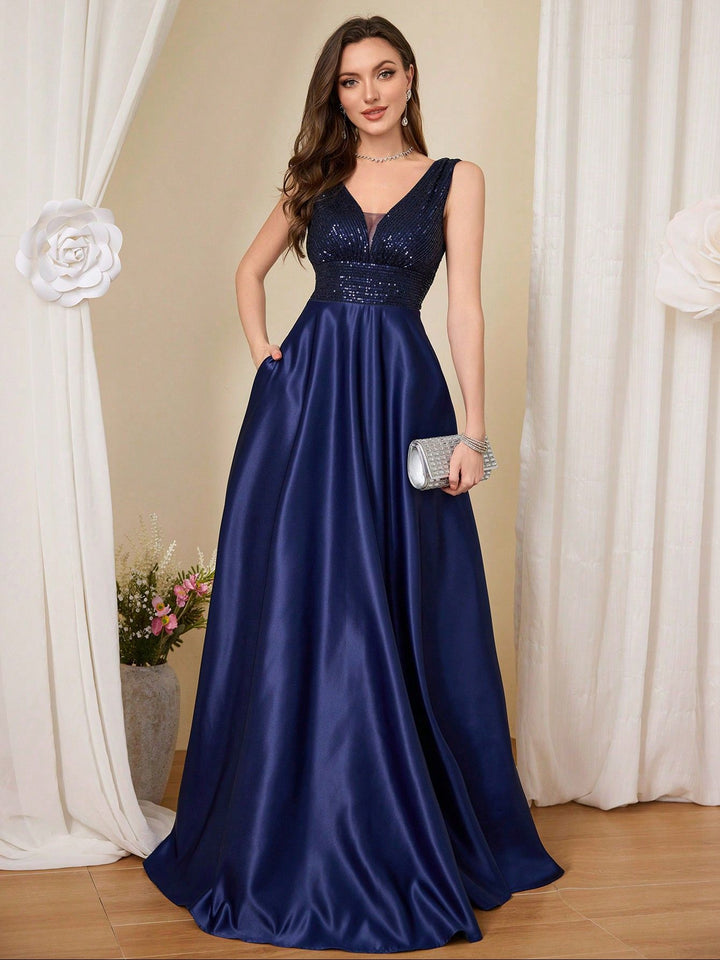 sleeveless satin gown with sequined bodice – CELERTE