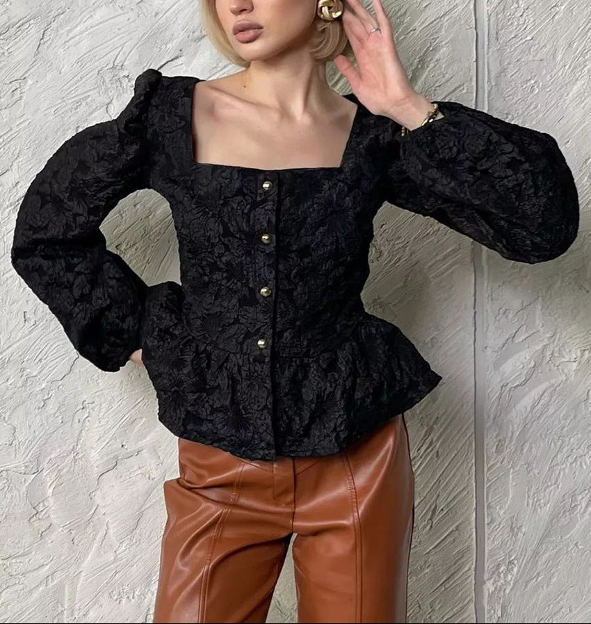 brocade puff-sleeve blouse with square neckline – DAMARA