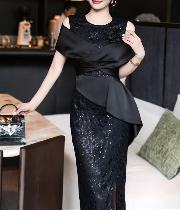 sequined lace dress with sculpted wrap bodice – RENÉ