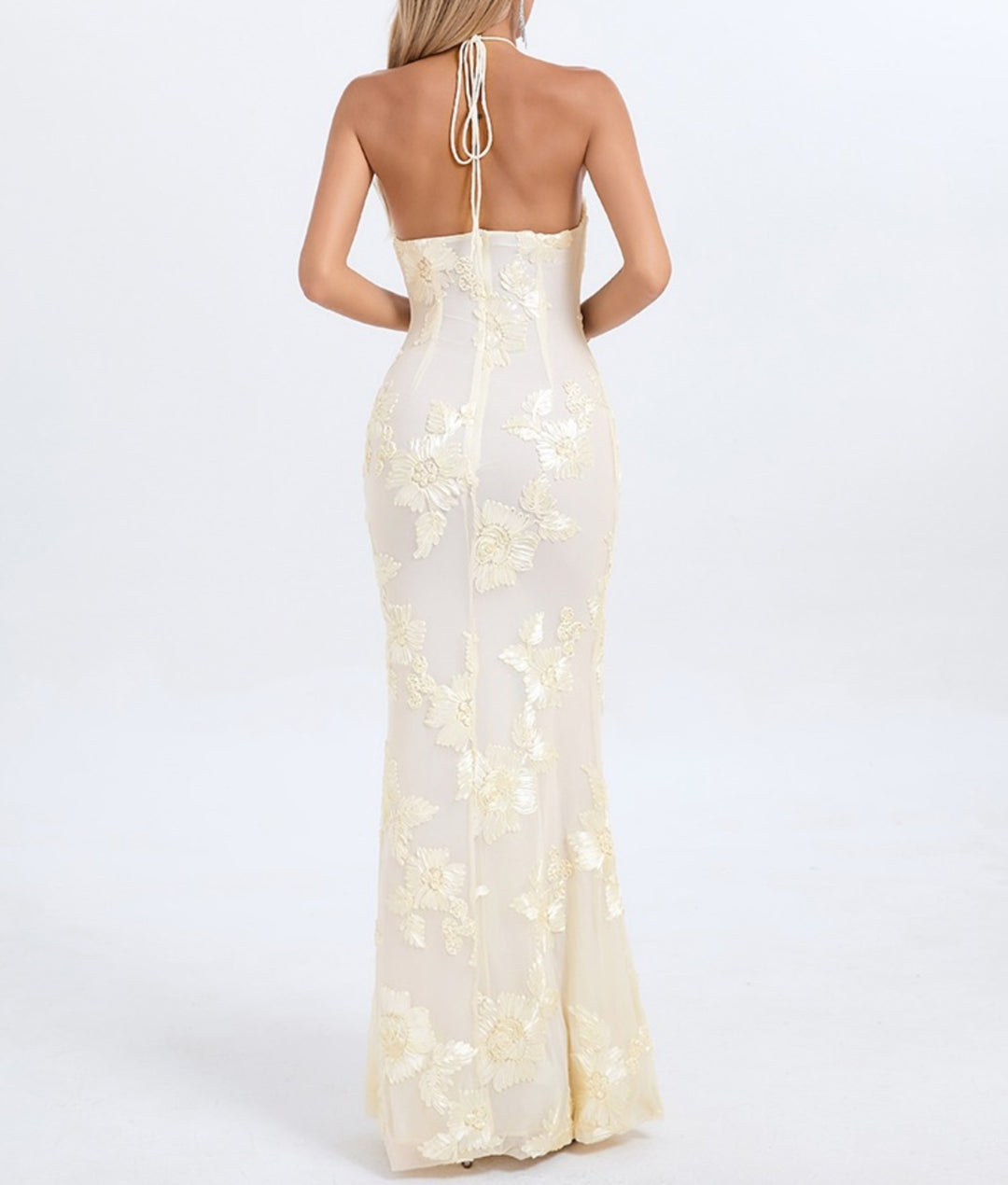 Halter-Neck Floral Lace Evening Gown – IVORY
