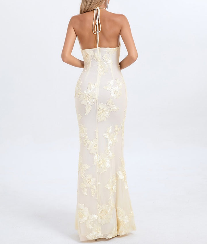 Halter-Neck Floral Lace Evening Gown – IVORY
