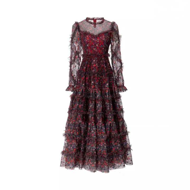 floral mesh tiered gown with sheer sleeves – VIVIENNE