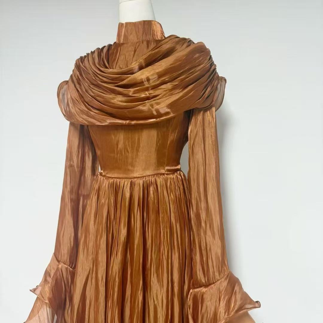 draped satin midi dress with ruffled sleeves – ROSALINE