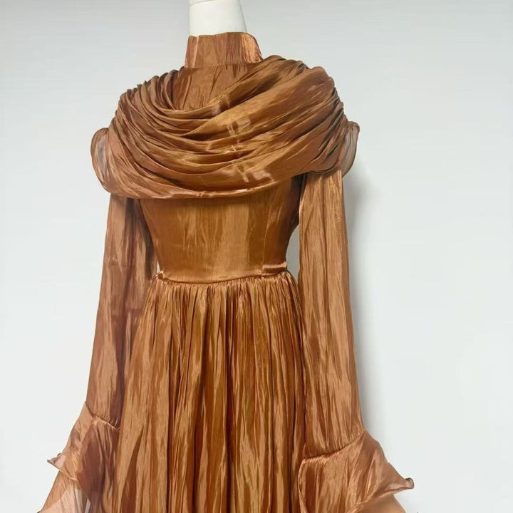 draped satin midi dress with ruffled sleeves – ROSALINE