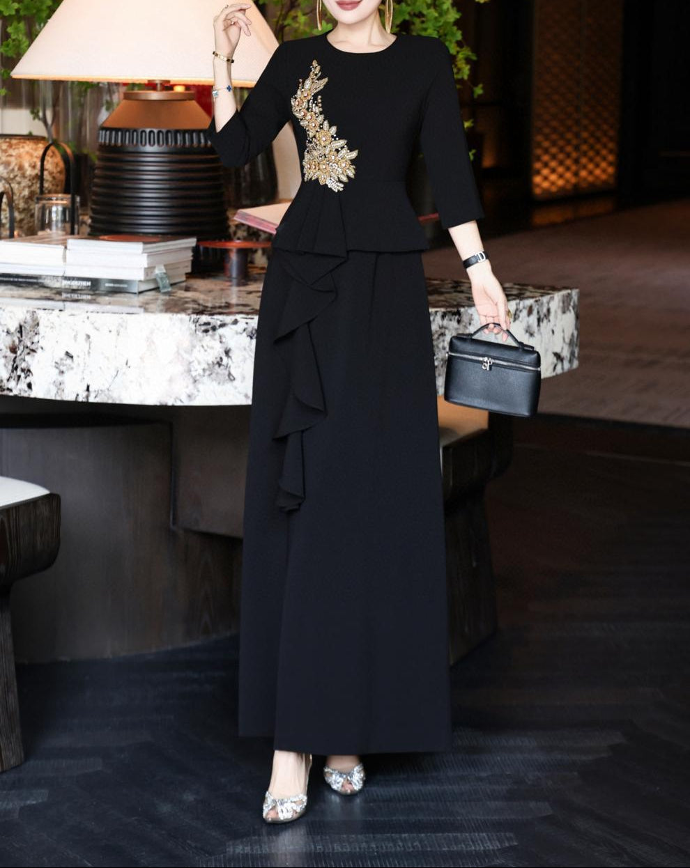 embellished peplum dress with cascading ruffle skirt – NOIR