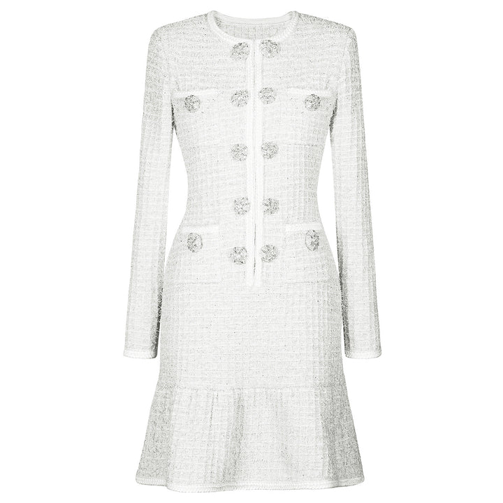 long-sleeve tweed mini dress with jeweled buttons – VIVIETE