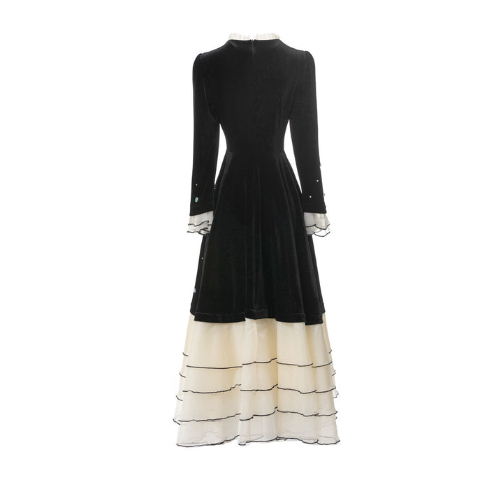 velvet gown with pearl embellishments and layered hem – LUMIÈRE