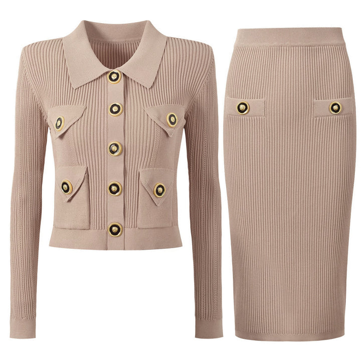 ribbed knit skirt set with gold button detail - AURELIAMI
