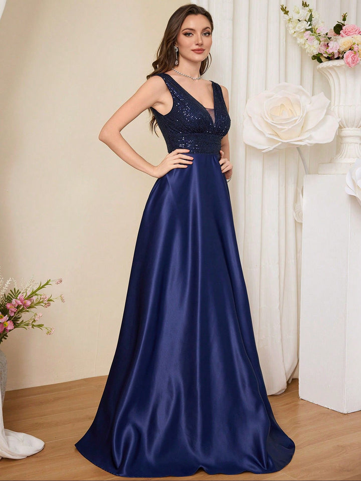 sleeveless satin gown with sequined bodice – CELERTE