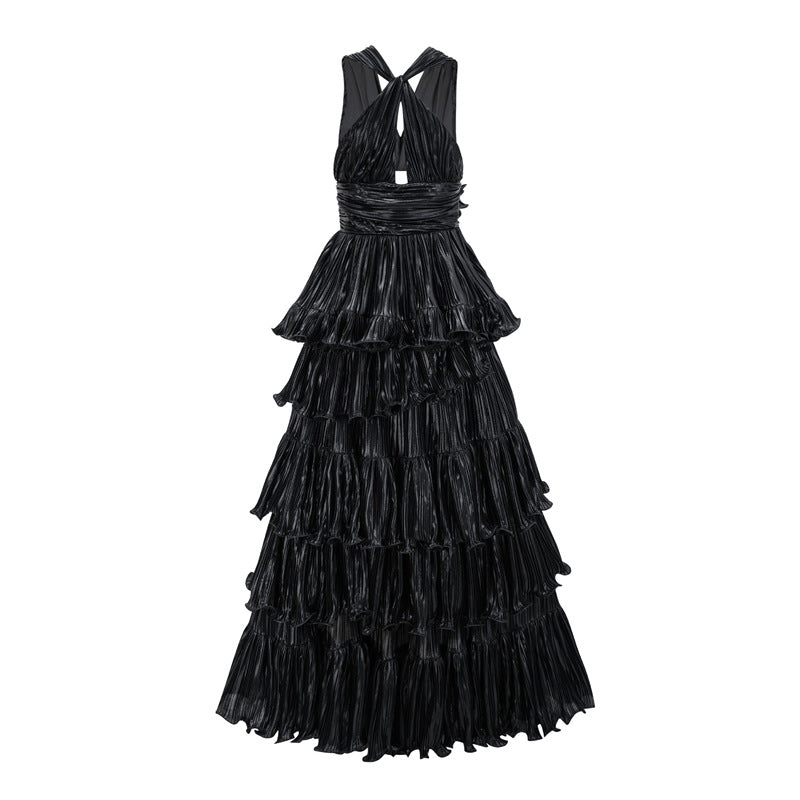 metallic pleated halter dress with tiered ruffles – DALSE
