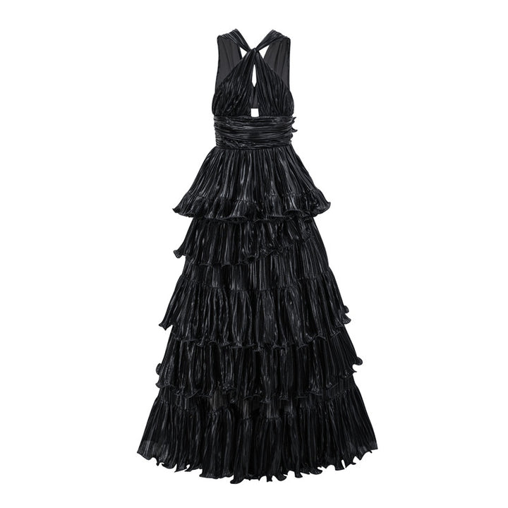 metallic pleated halter dress with tiered ruffles – DALSE