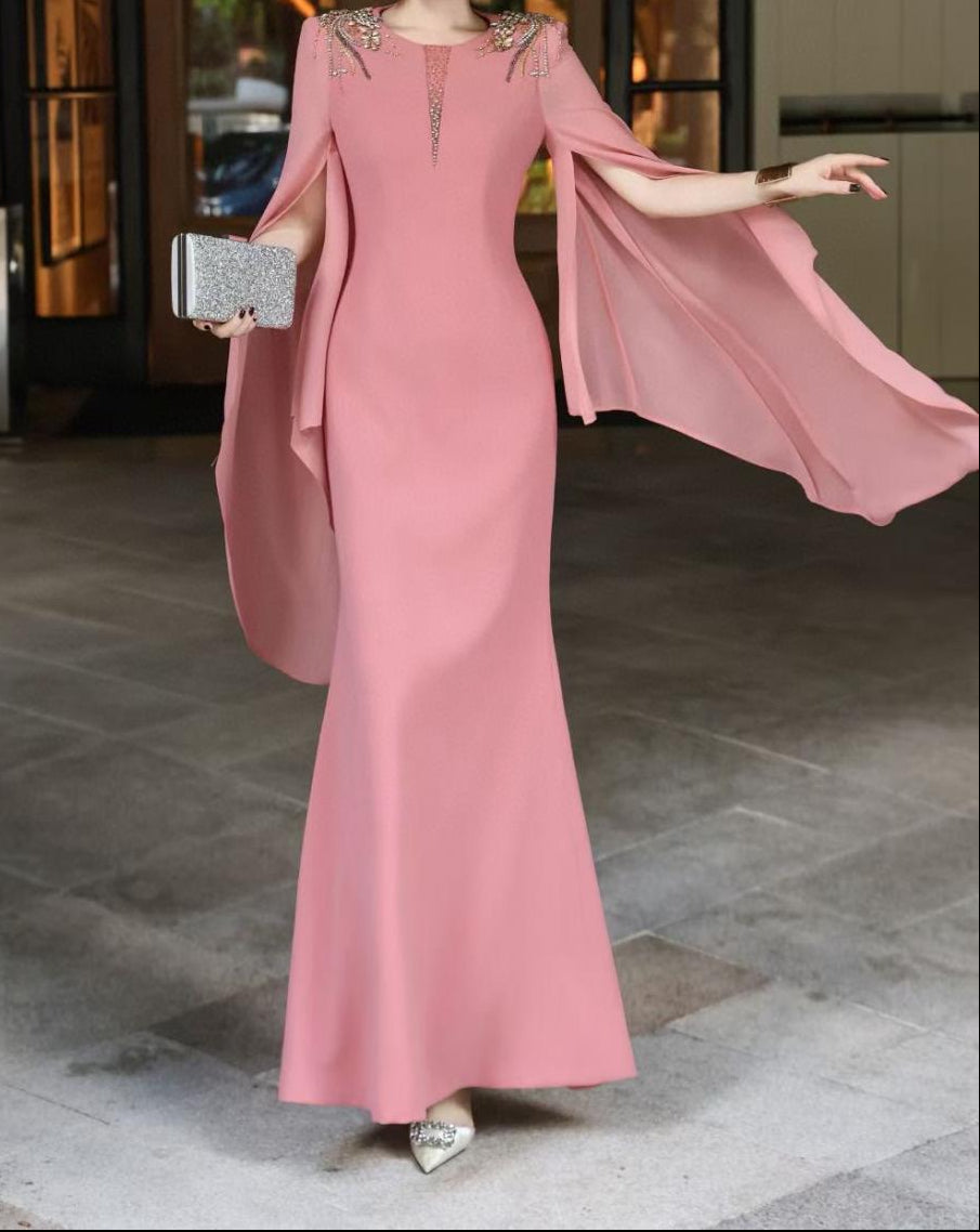cape-sleeve mermaid dress with embellished shoulders – ROSABELLE