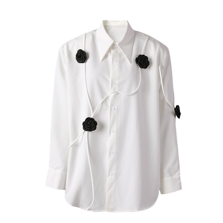 floral-appliqué button-down shirt with contrast piping – ROSEN