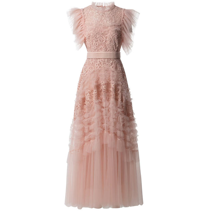 ruffled lace gown with pleated tulle sleeves – AMÉLIE