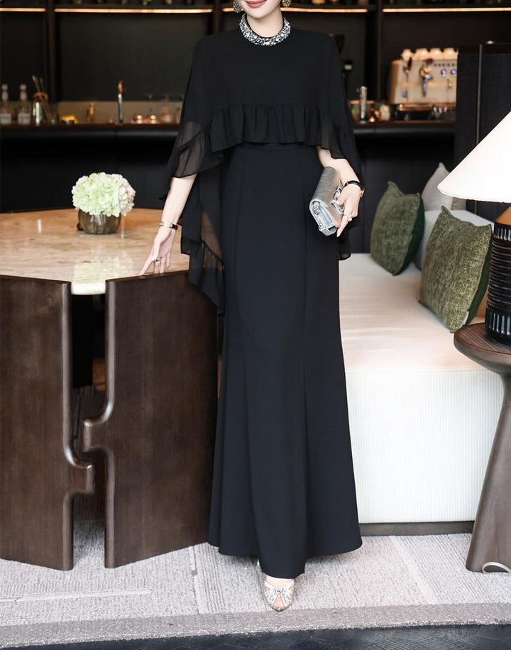 black cape-overlay gown with ruffled chiffon tier – ELIORA