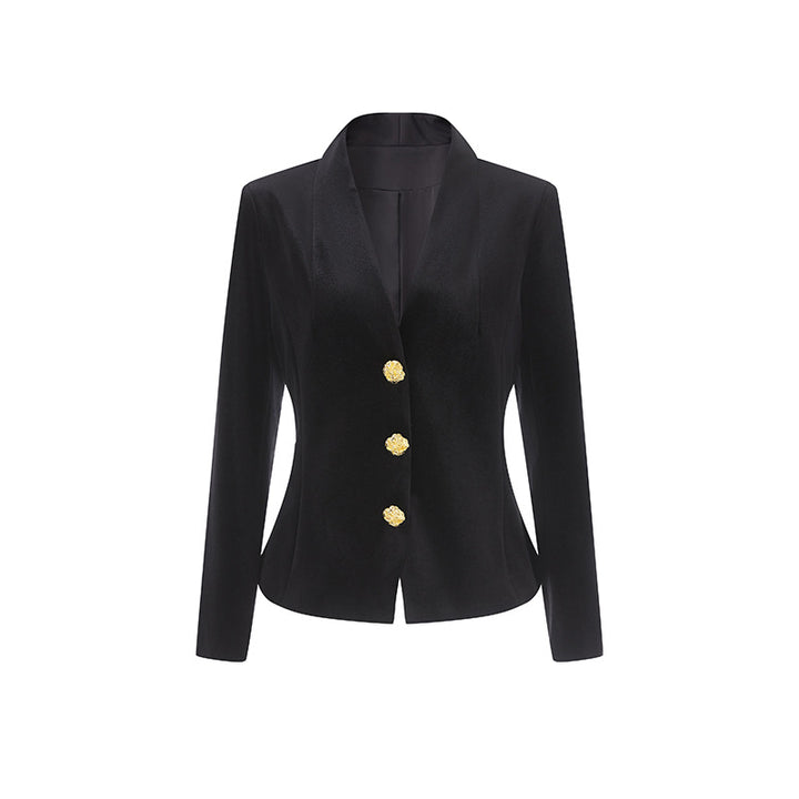 Tailored velvet blazer with gold statement buttons – OBSIDIAN