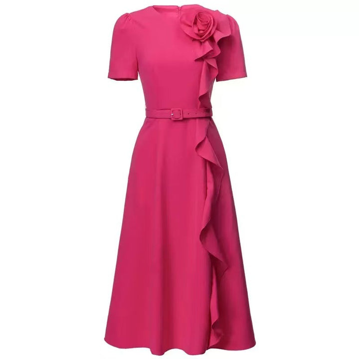 belted midi dress with cascading ruffle rose detail – FUCHSIA