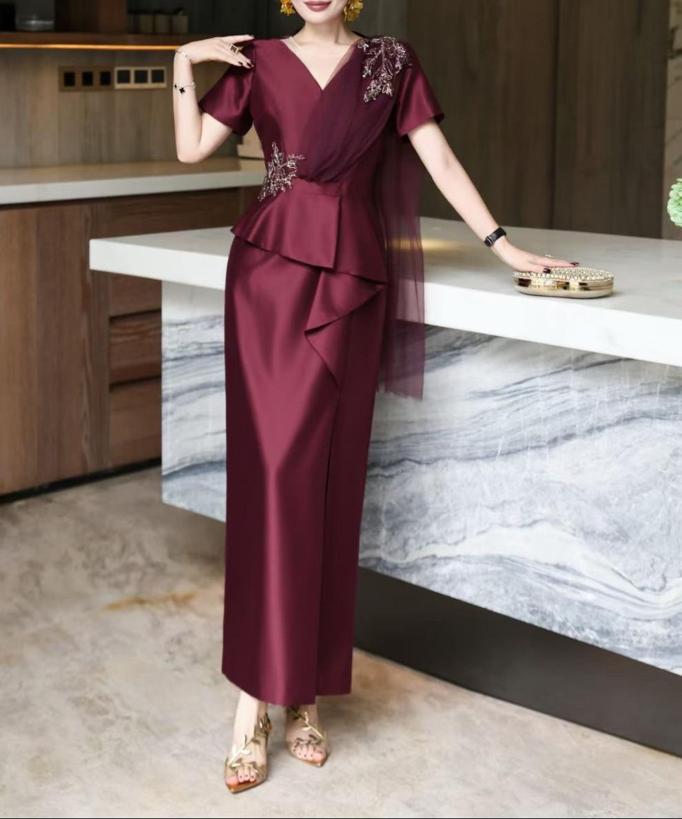 v-neck satin gown with embellished floral drape – NAVIA