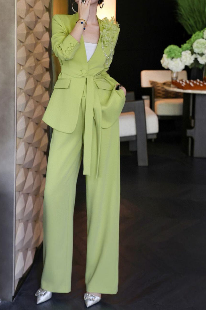 tailored wide-leg suit with floral shoulder accent – LIMEA