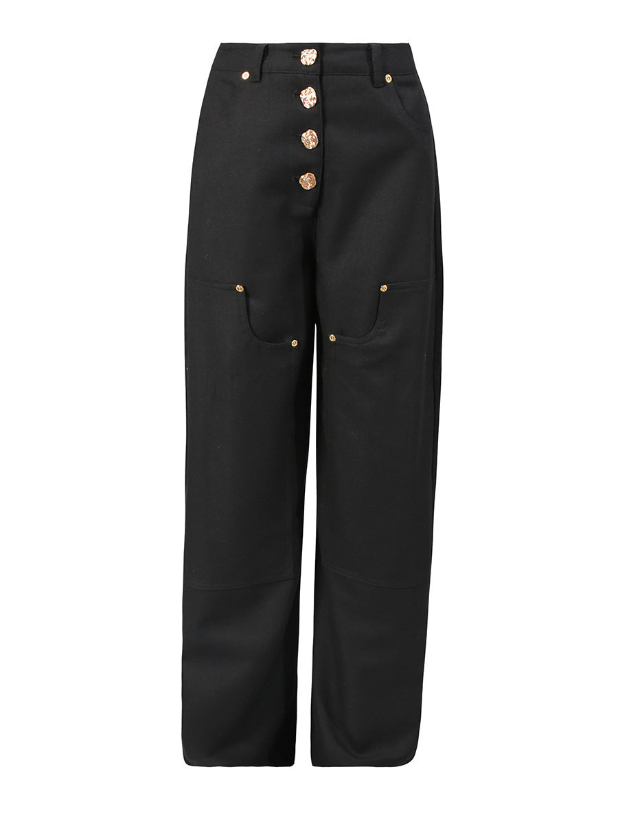 high-waisted wide-leg pants with gold button detail – ASOO