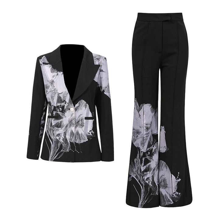 tailored blazer and wide-leg pants set with floral print – NOIRWO
