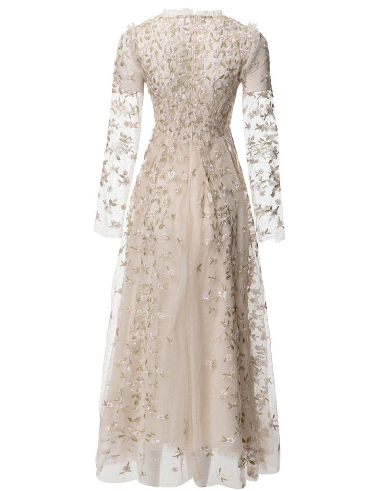 embroidered tulle midi gown with long sleeves – ORYVLA