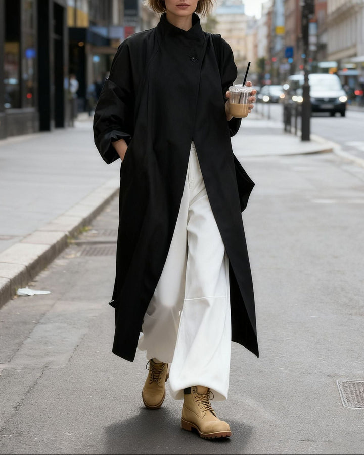 معطف طويل بسيط بتصميم مينيماليست وياقة قائمة - ميليرف