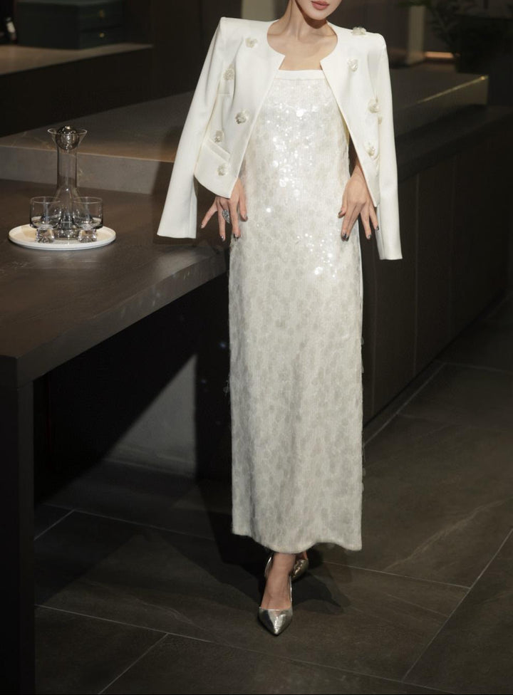 sleeveless sequin column dress with embellished cropped blazer – AURORA