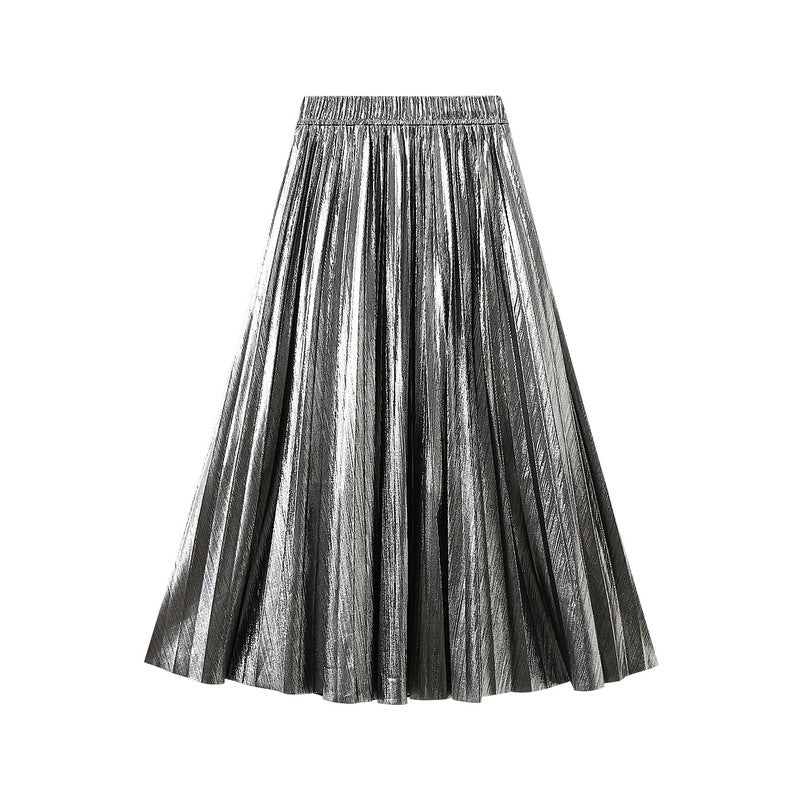Metallic Pleated Midi Skirt with Elastic Waist – GOLD