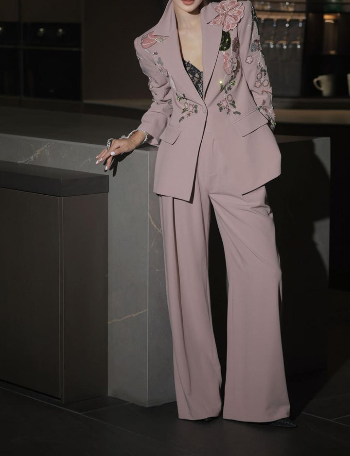 embroidered tailored blazer set with wide-leg pants – BLUSH ROSE