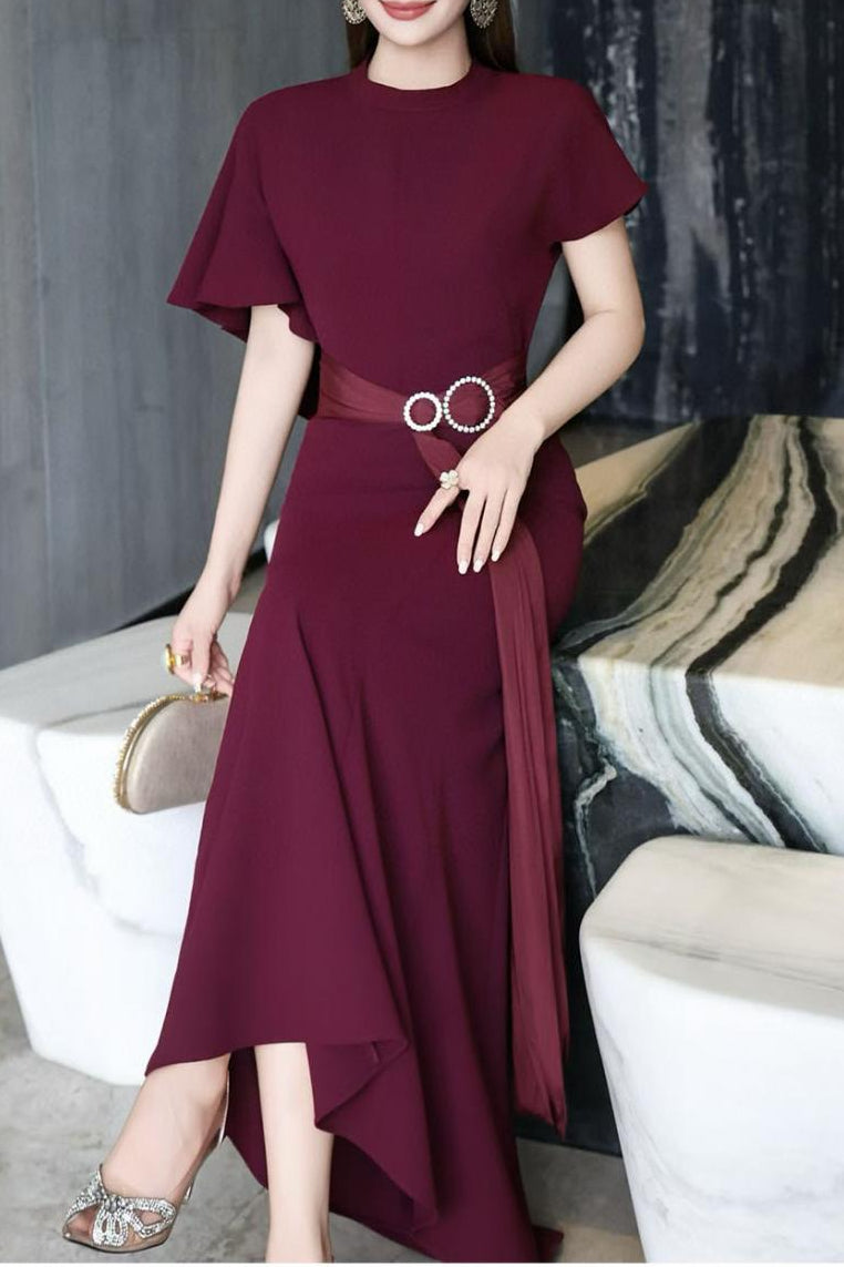 elegant flutter-sleeve maxi dress with draped belt – DARIA
