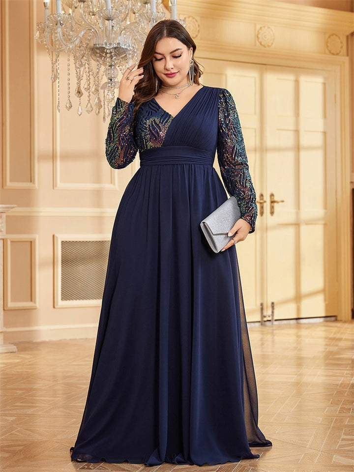 chiffon evening gown with sequin long sleeves – ADELIA