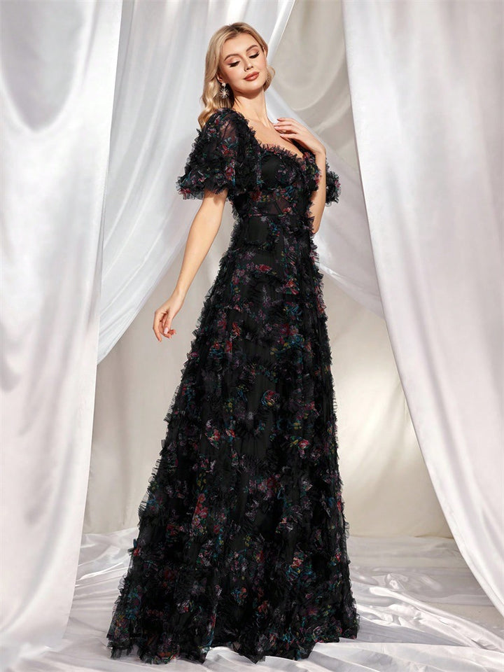 off-shoulder floral tulle gown with puff sleeves – NIGHT