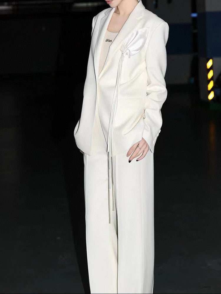 draped satin-detail blazer with wide-leg trousers – LUMIERA