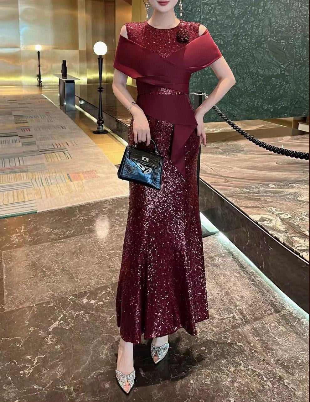 sequin mermaid dress with satin cross-wrap bodice – VIOLETTA