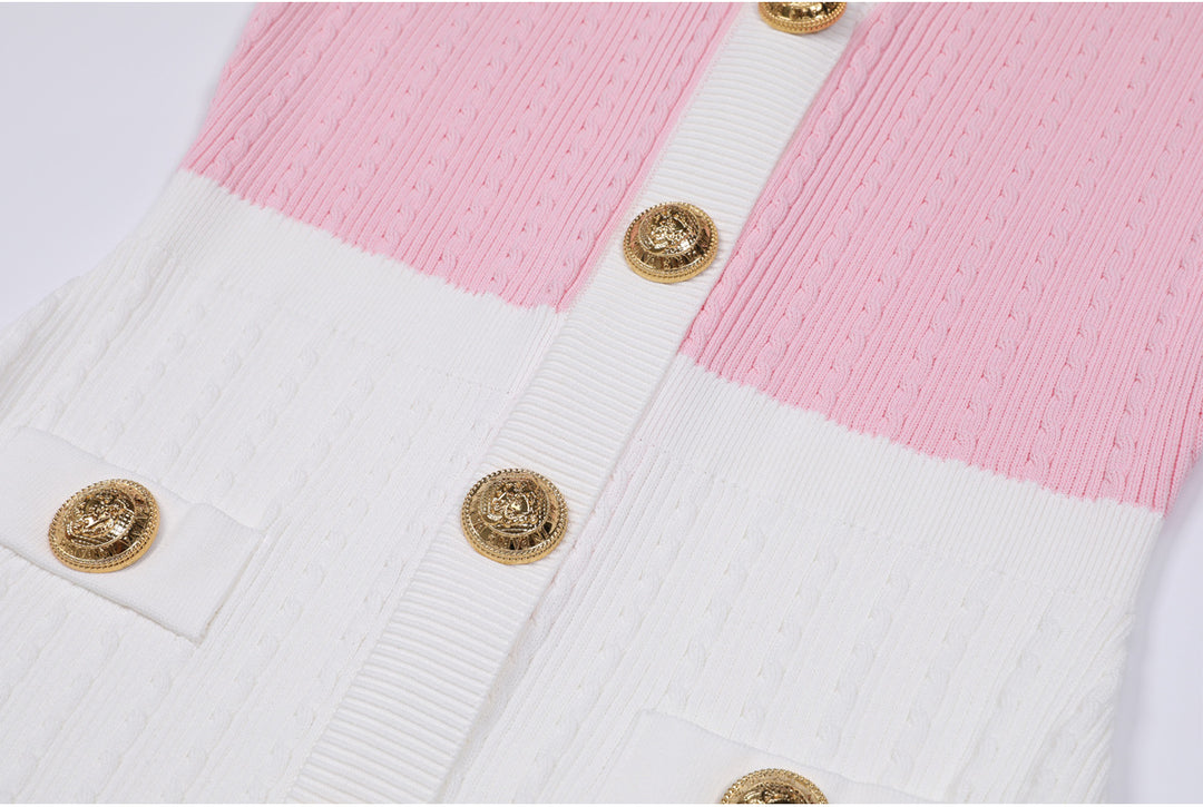 short-sleeve contrast trim dress with gold buttons – CELINERDI