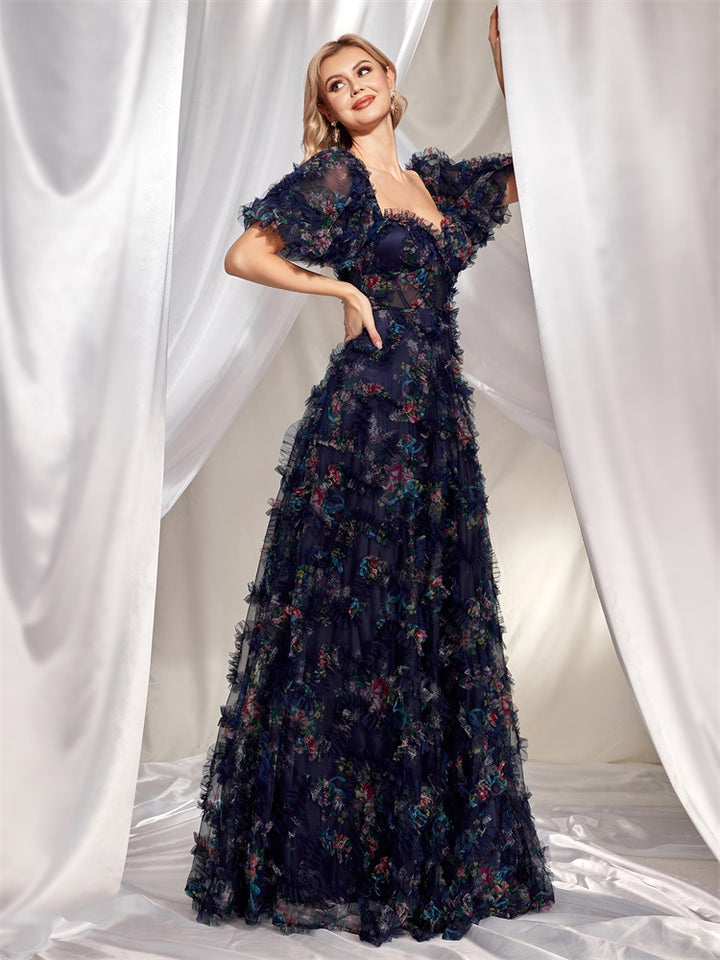 off-shoulder floral tulle gown with puff sleeves – NIGHT