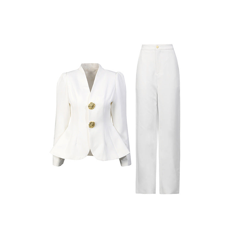 Tailored V-Neck Blazer & Straight-Leg Pants Set – RUBY