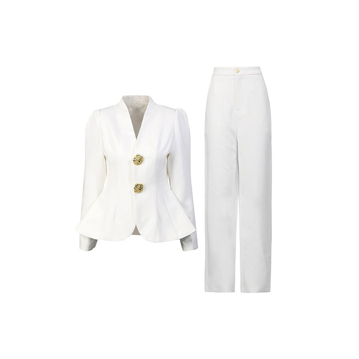 Tailored V-Neck Blazer & Straight-Leg Pants Set – RUBY