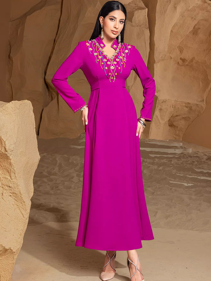 Embroidered V-Neck Maxi Dress with Long Sleeves – AMARIS