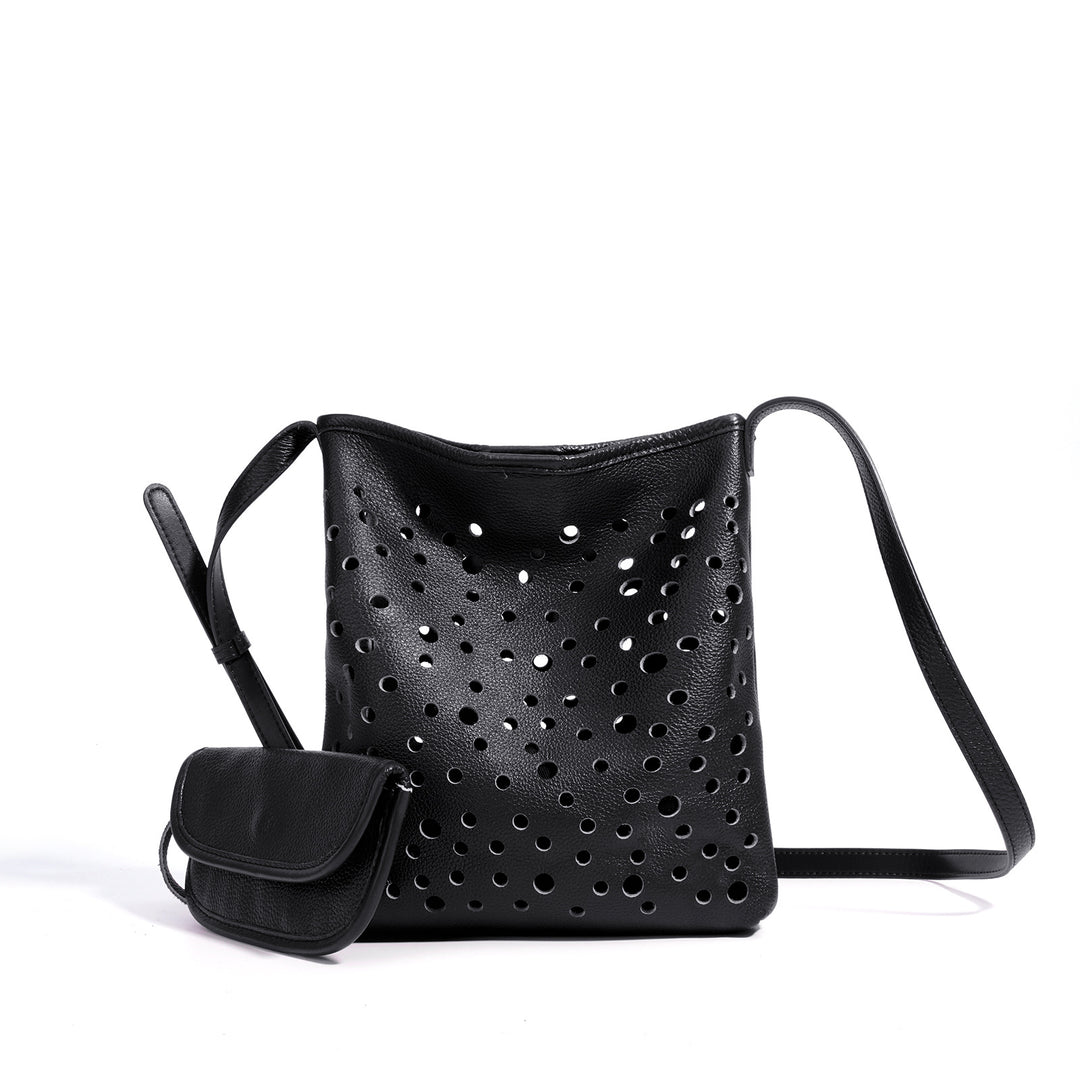 perforated leather shoulder bag with mini pouch – AURATIX