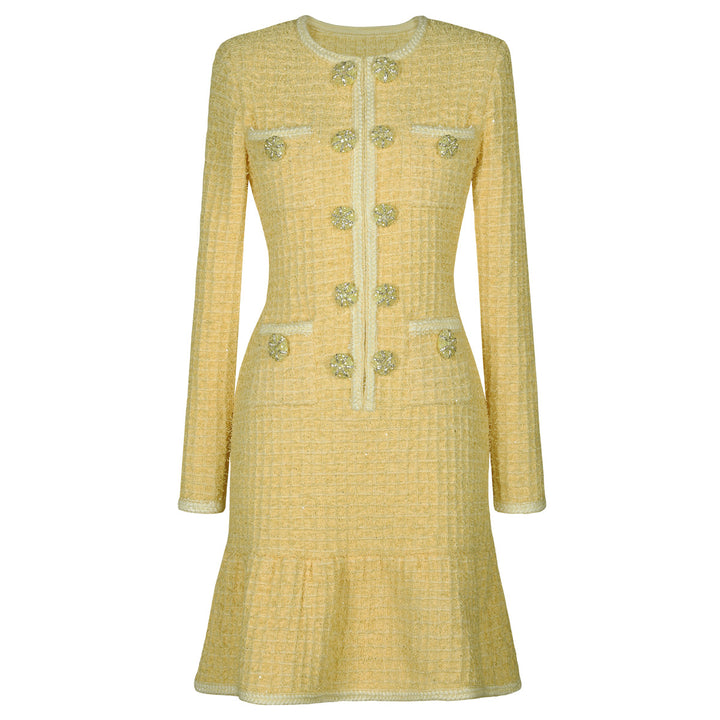 long-sleeve tweed mini dress with jeweled buttons – VIVIETE