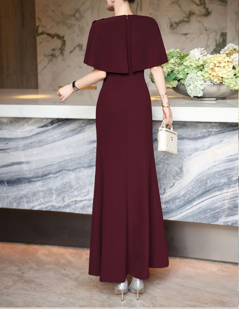 cape-shoulder mermaid dress with embellished neckline – FUCHSIA