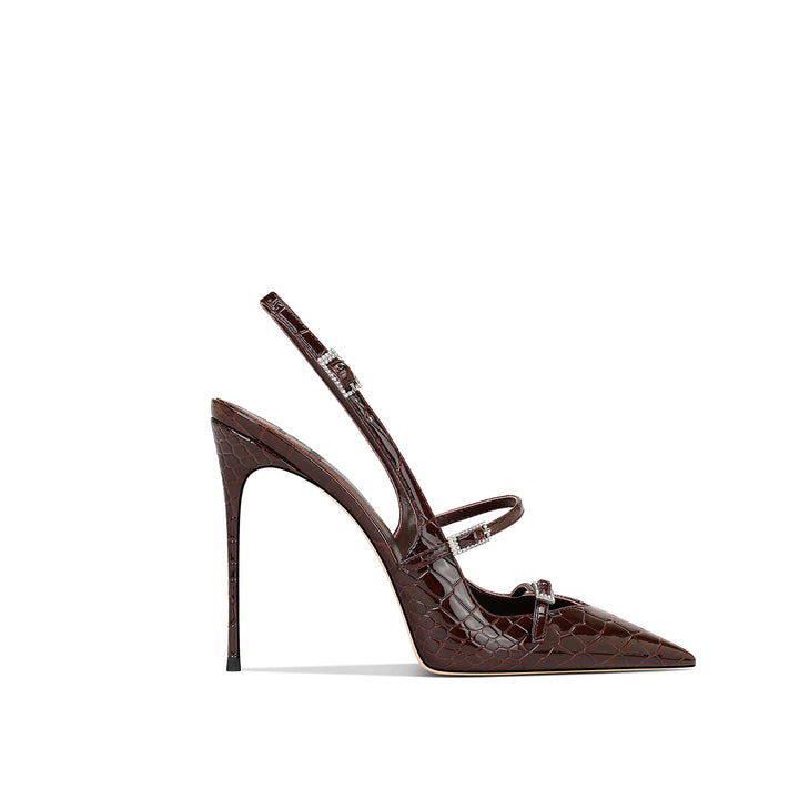 Croc-Effect Slingback Stiletto Pumps – MOCHA