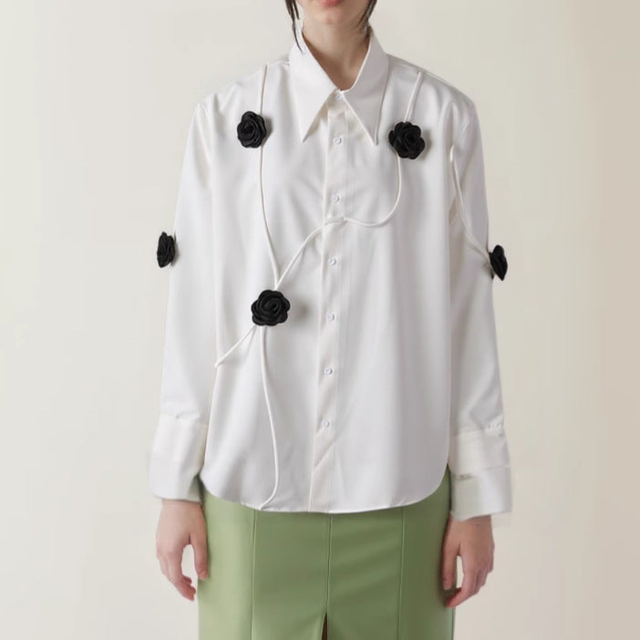 floral-appliqué button-down shirt with contrast piping – ROSEN
