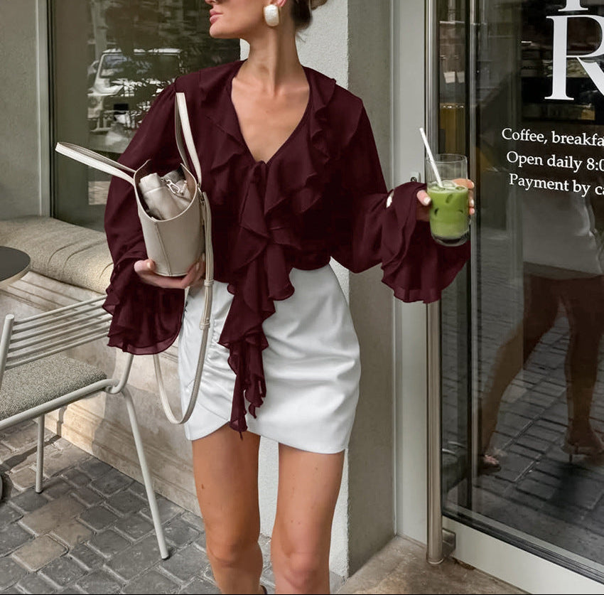 ruffled V-neck chiffon blouse with cascading layers – JULIETTE